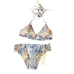 Gypsy05 Sand Colorful Patterned Reversible Macrame Knotted Bikini Set